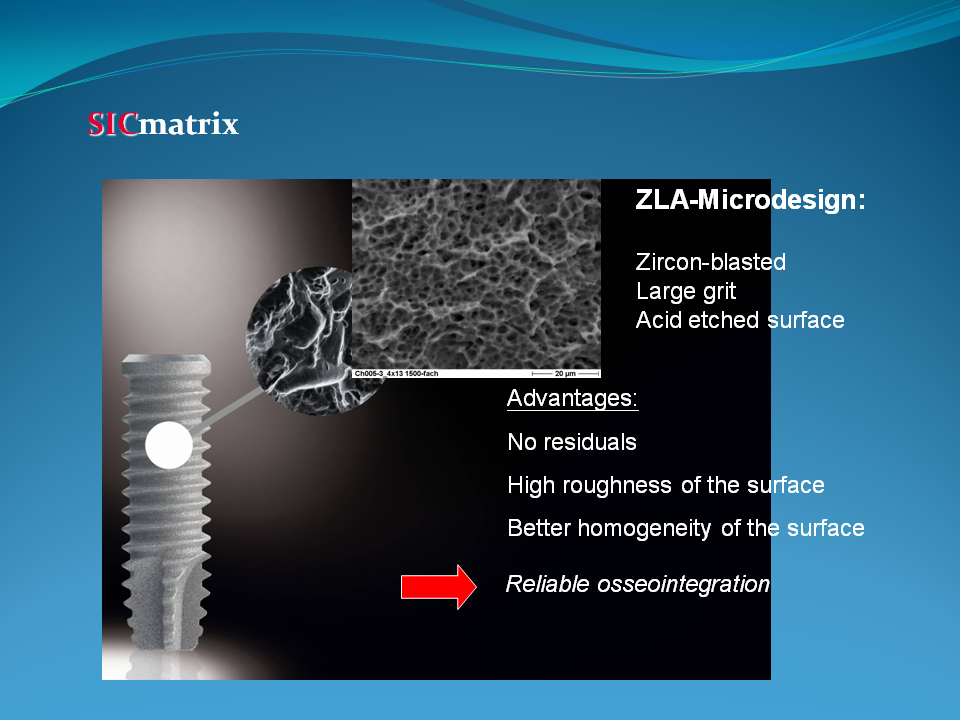 SIC植體表面處理方式為ZLA   就是以氧化鋯顆粒去高速撞擊植體 產生凹凸表面  再以硝酸做微蝕刻及清洗碎屑 達到類骨骼結構的目的
